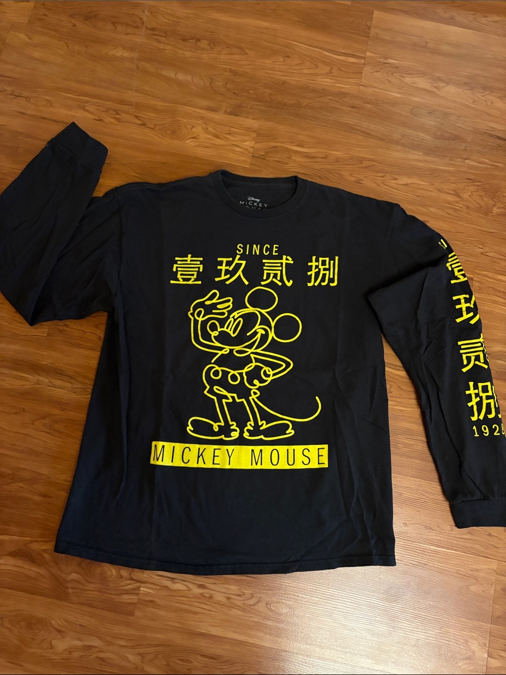 Disney Black Long Sleeve Mickey Mouse Tee with Yellow Graphic